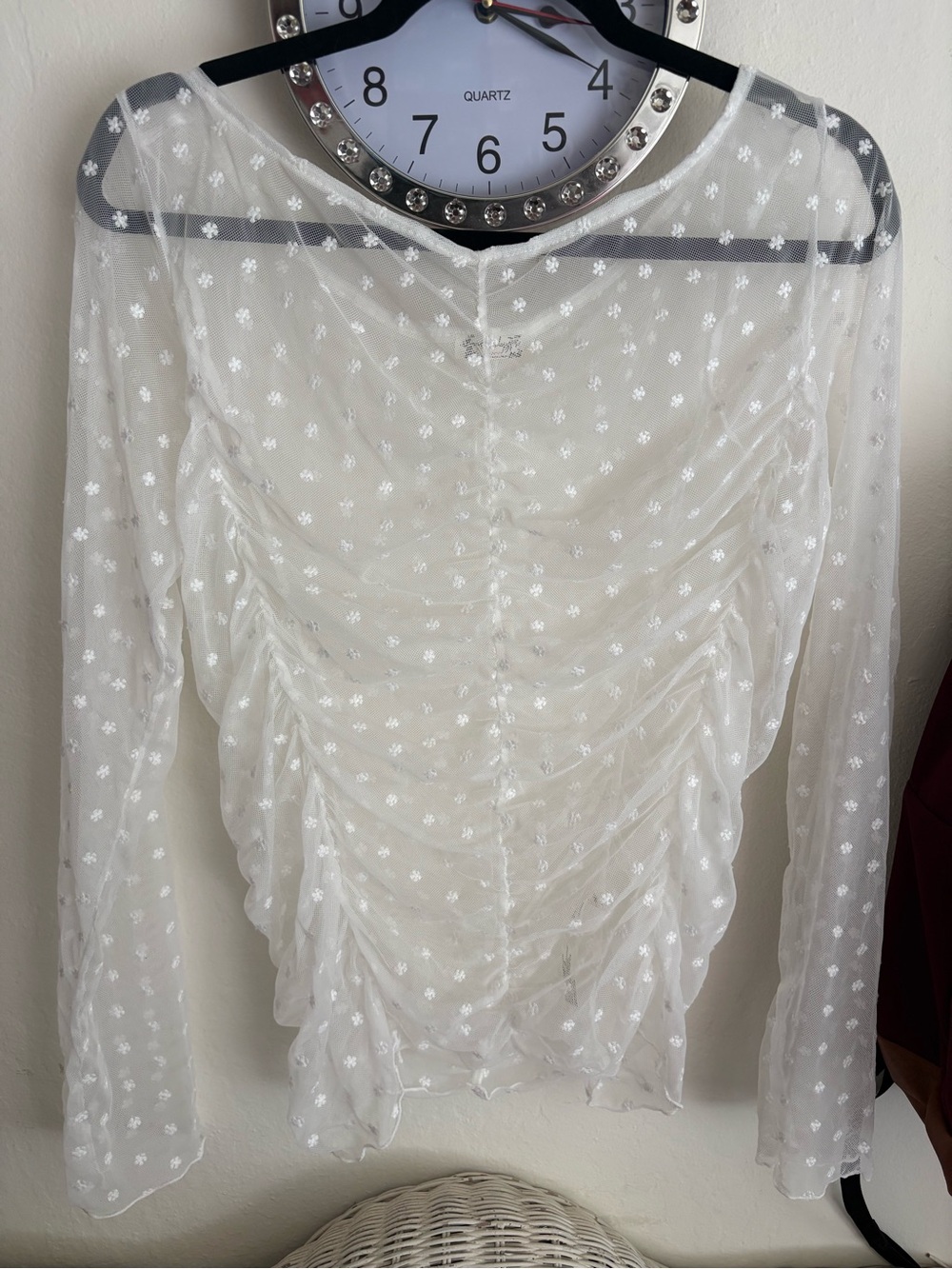 Women's White Sheer Ruched Long-Sleeve Top XL